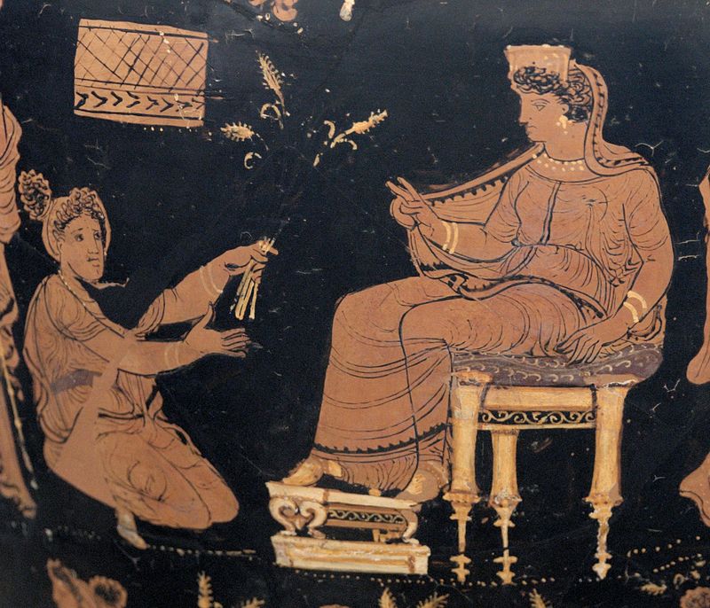 Obraz z roku približne 340 pred naším letopočtom zobrazuje Metaneiru ako kľačí pred trónom a podáva trojjedinú pšenicu Deméter, ktorá jej žehná. Zdroj: Wikipédia